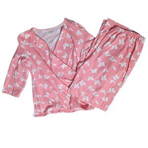 Garnet Hill Women Pajama Set Small Organic Cotton Butterfly Wrap Pink Coral Cozy